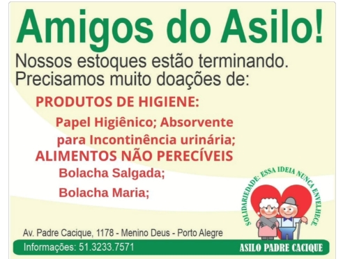 Campanha mobiliza doações para o Asilo Padre Cacique